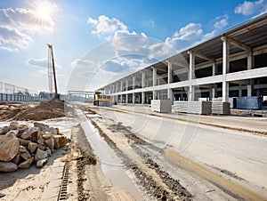 At the construction site of large warehouse, storehouse industrial construction