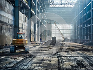 At the construction site of large warehouse, storehouse industrial construction