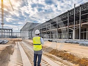 At the construction site of large warehouse, storehouse industrial construction