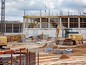 At the construction site of large warehouse, storehouse industrial construction