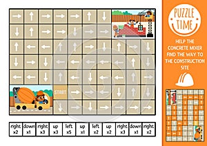 Construction site logic maze for kids with concrete mixer. Building works preschool printable activity. Labyrinth game or puzzle