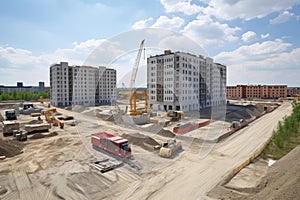 construction site with machinery and workers in the background, working on a new building