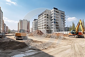 construction site with machinery and workers in the background, working on a new building