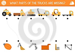 Construction site matching activity with special technics and missing parts. Building works puzzle. Match the object game,