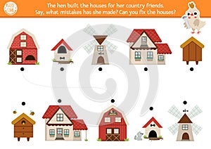 Construction site matching activity with wrongly built houses. Building works puzzle. Match the objects game. Repair service match