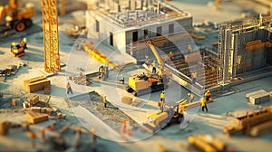 Construction site of a modern house complex with workers and machinery