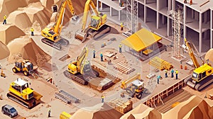 Construction site of a modern house complex with workers and machinery