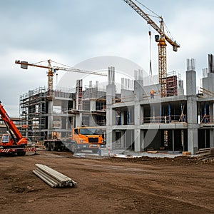 Construction site with a multi-story concrete building framework.