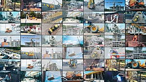 Construction site multiscreen video. Modern building collage. Modern building site. Construction equipment at the