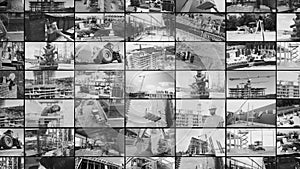 Construction site multiscreen video. Modern building collage. Modern building site. Construction equipment at the