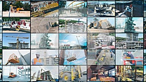 Construction site multiscreen video. Modern building collage. Modern building site. Construction equipment at the