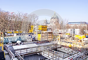 construction site of a new subway line in berlin situated in the mitte part of the city with view of berlin cathedral