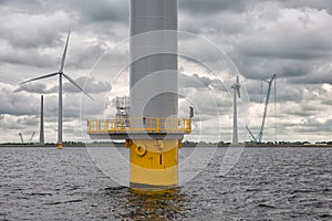 Construction site offshore windfarm near Dutch coast with cloudy sky