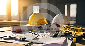 Construction site planning with blueprints safety helmets and tools