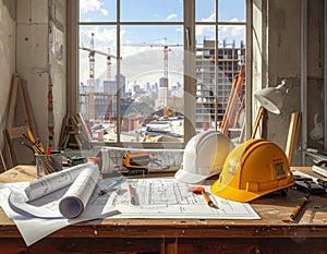 Construction Site Planning - Helmets, Blueprints, and Cityscape View