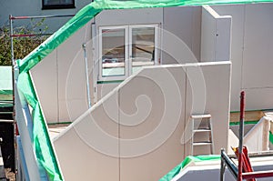 Construction site of a prefabricated house building. Civil Engineering in Germany