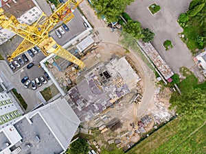 Construction site in progress. top aerial view of building under