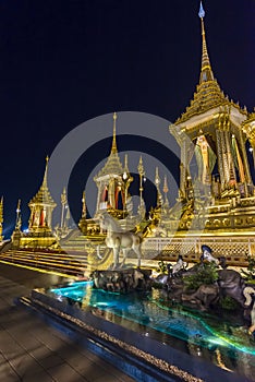 Construction site of the Royal funeral pyre at night in Bangkok, Thailand