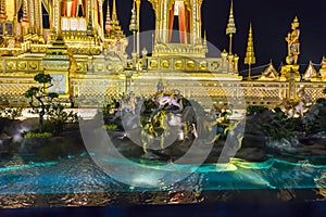 Construction site of the Royal funeral pyre at night in Bangkok, Thailand