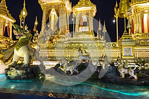 Construction site of the Royal funeral pyre at night in Bangkok, Thailand