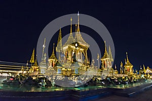 Construction site of the Royal funeral pyre at night in Bangkok, Thailand