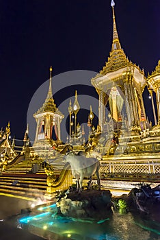 Construction site of the Royal funeral pyre at night in Bangkok, Thailand