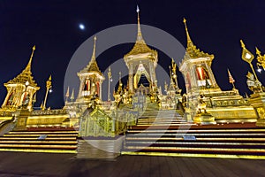 Construction site of the Royal funeral pyre at night in Bangkok, Thailand