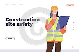 Construction site safety landing page design template with female engineer character checking manual