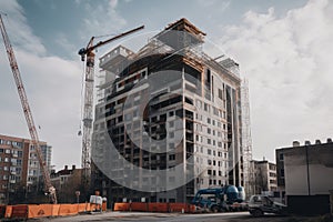 construction site with scaffolding and crane towering over the building