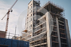 construction site with scaffolding and crane towering over the building