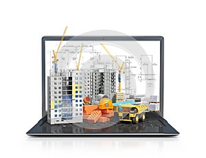 Construction site on the screen of a portable computer, skyscraper building, building materials