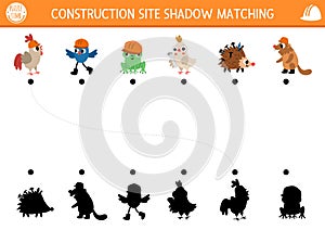 Construction site shadow matching activity with animal and bird workers in hard hats. Building works puzzle with funny builders.