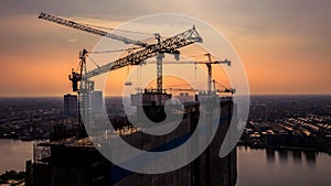 Construction site silhouette background, Hoisting cranes and new multi-storey buildings, Aerial view Industrial background