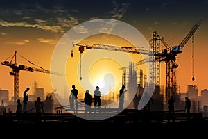 Construction site silhouette with crane and workers