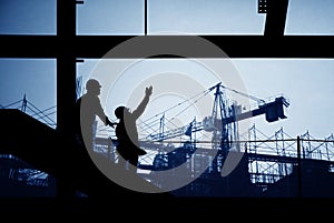 Construction site silhouette people, business, crane, design by architecture photo