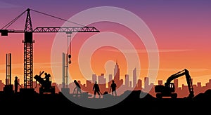 Construction Site Silhouette at Sunset