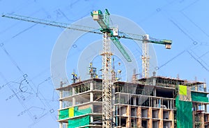 Construction site, silhouettes of workers