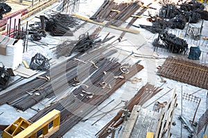Construction site straight structural steel various diameter bundles