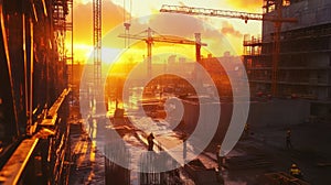 Construction Site at Sunset with Cranes and Workers