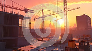 Construction Site at Sunset with Cranes and Workers, Urban Development
