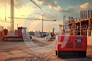 Construction site at sunset with machinery and generator working on building project