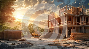 A construction site at sunset with a partially built wooden structure and equipment surrounded by trees