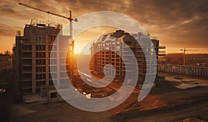 Construction site at sunset. Tower cranes on Construction of residential building in Europe.