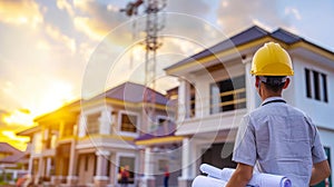 Construction site supervisor with blueprints architect or builder in hard hat overseeing project photo