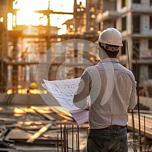 Construction site supervisor in hard hat overseeing project with blueprints, ensuring work progress photo