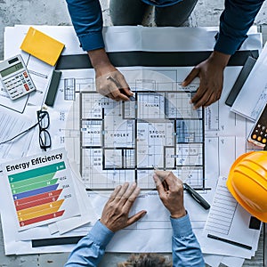 Construction site tools and materials with energy efficiency chart, calculator, and blueprints.