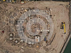 Construction site top view. Structural design engineering. Structure engineering at building site. Formwork construction