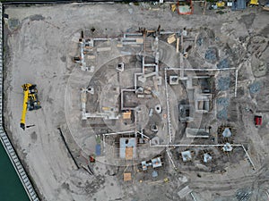 Construction site top view. Structural design engineering. Structure engineering at building site. Formwork construction
