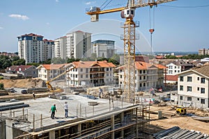 Construction site with tower crane and building frames
