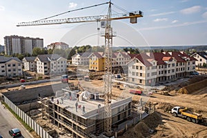 Construction site with tower crane and building progress